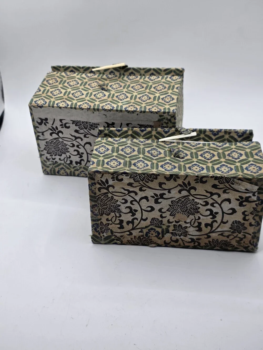 Set of 3 Vintage 1970s Chinese Silk Brocade Keepsake Boxes Green Lining Bone